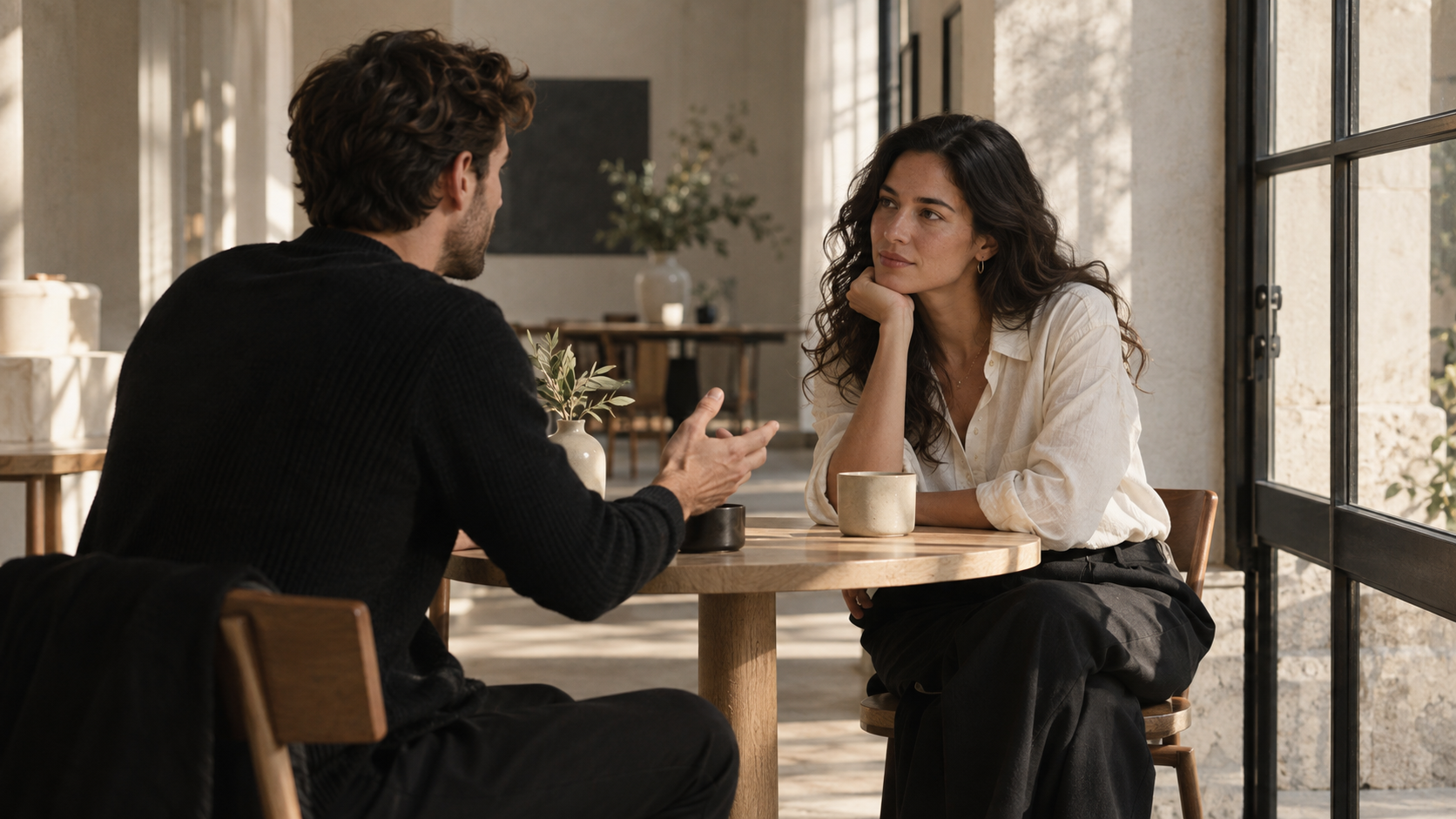 Two fictional people talking in a sunlit café